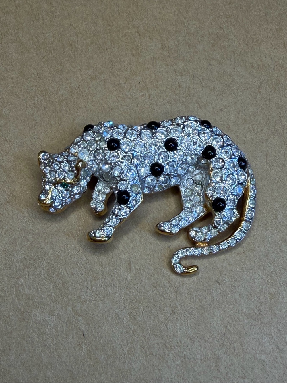 Crystal Leopard Brooch in Gold Tone with Clear and Black Stones